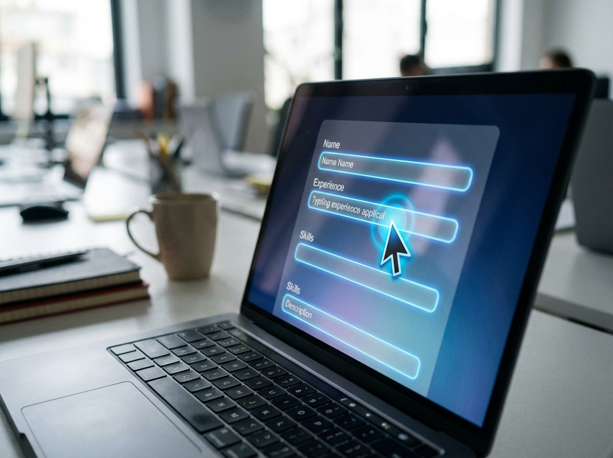 A close-up shot of a laptop screen where an AI agent is filling out a digital application form, highlighted input fields with glowing blue outlines, realistic office environment, 4:3