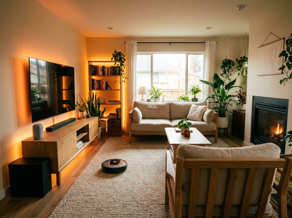 A contemporary living room with various smart devices like a smart speaker, ambient led strips, and a robot vacuum cleaner. Warm and cozy atmosphere. Natural indoor photography. 4:3