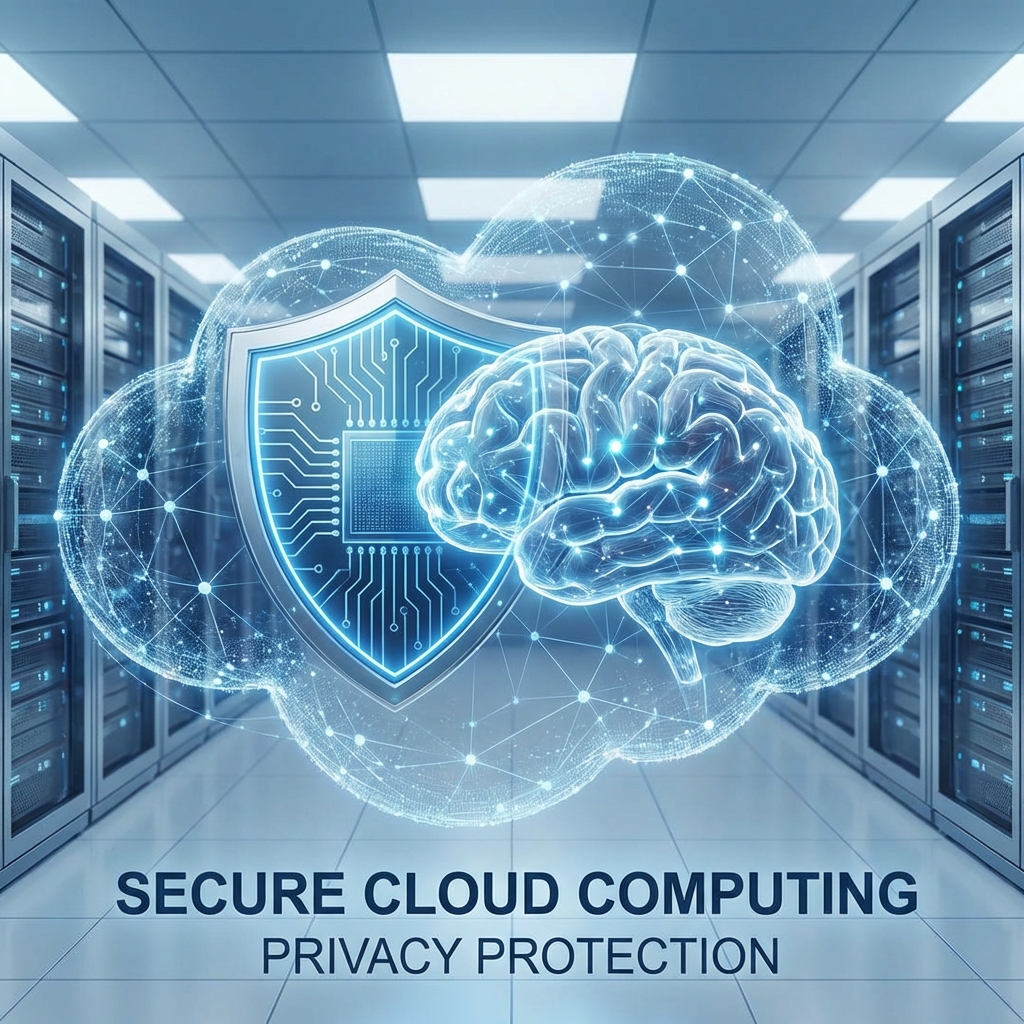 A conceptual image of a digital shield and an AI brain icon, representing secure cloud computing and privacy protection, blue and silver color palette, professional composition, 1:1