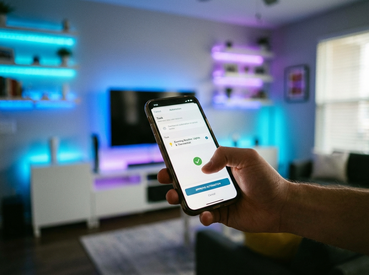 A close up of a person using a smartphone to approve an automation task. Background shows a blurred smart home interior with blue and purple accent lights. 4:3