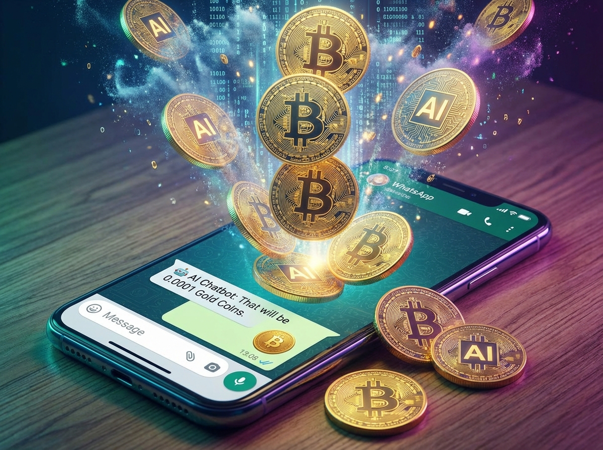 Digital gold coins falling into a smartphone displaying a chat interface, representing the cost of a WhatsApp AI chatbot message, vibrant colors, 4:3