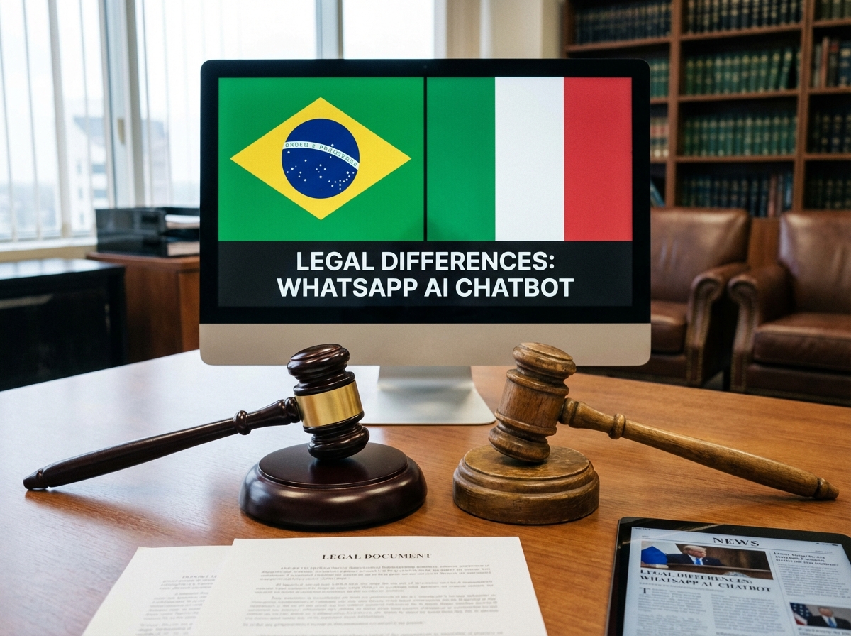 Two different court gavels on a desk with a screen showing Brazil and Italy flags, representing legal differences regarding the WhatsApp AI chatbot, realistic office lighting, 4:3