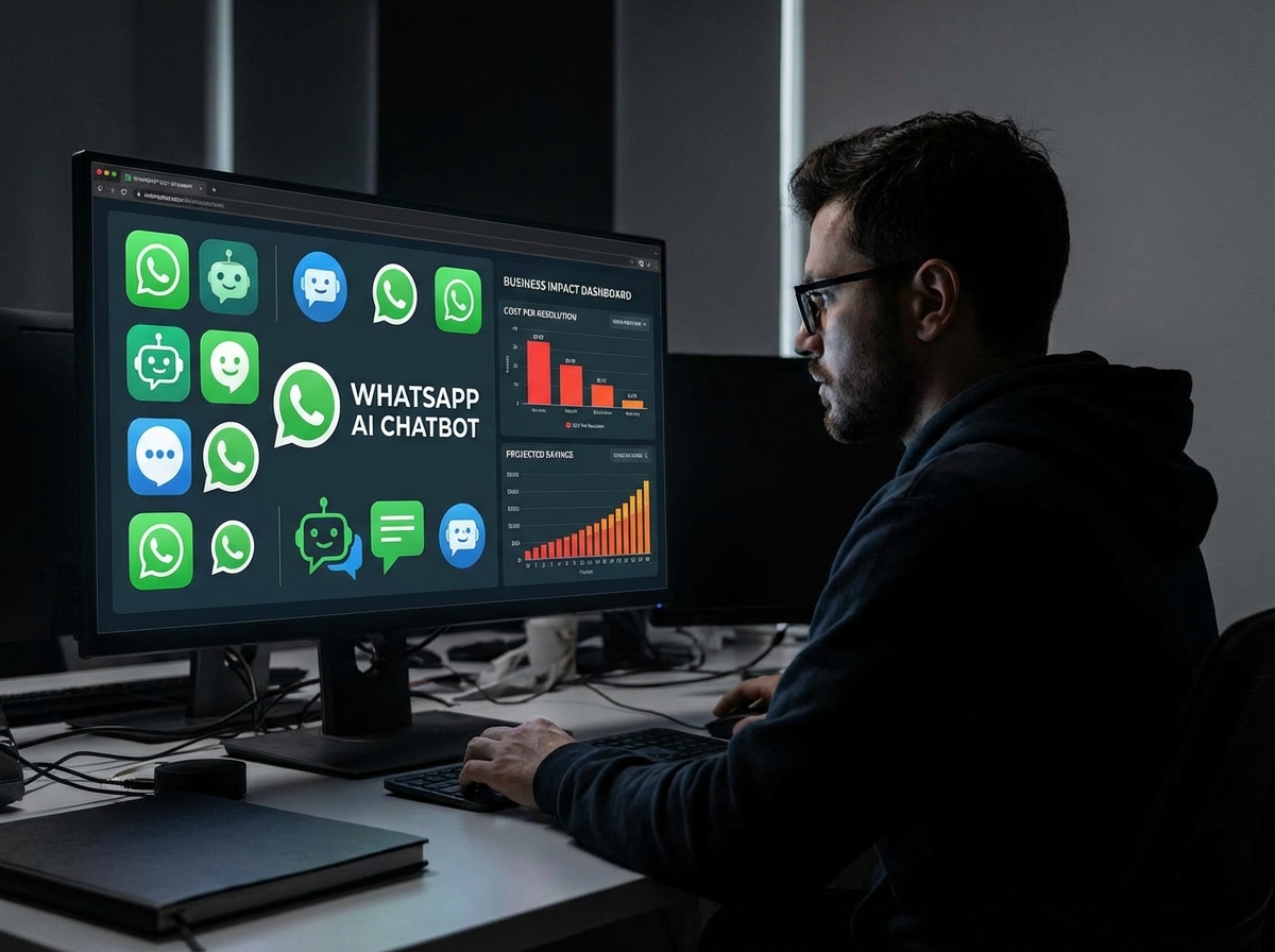 A professional developer looking at a large screen with diverse chatbot icons and cost charts, representing the business impact of a WhatsApp AI chatbot, high contrast, 4:3