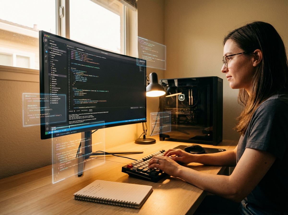A professional software engineer working on a high-end workstation with a minimalist layout, digital code snippets floating in a clean UI, realistic photography, warm indoor lighting, 4:3