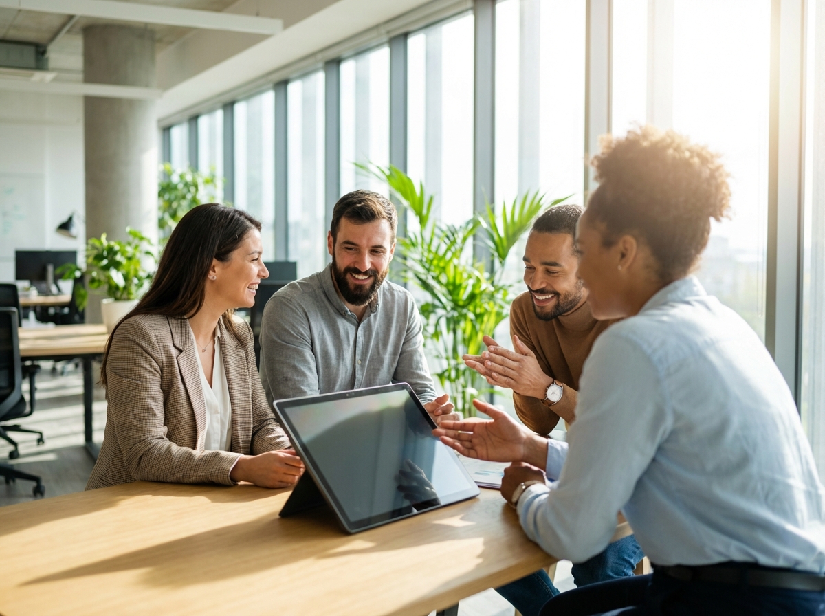 A group of diverse office professionals in a bright modern office engaging in a collaborative discussion around a digital tablet, natural sunlight, optimistic atmosphere, realistic lifestyle photography, 4:3