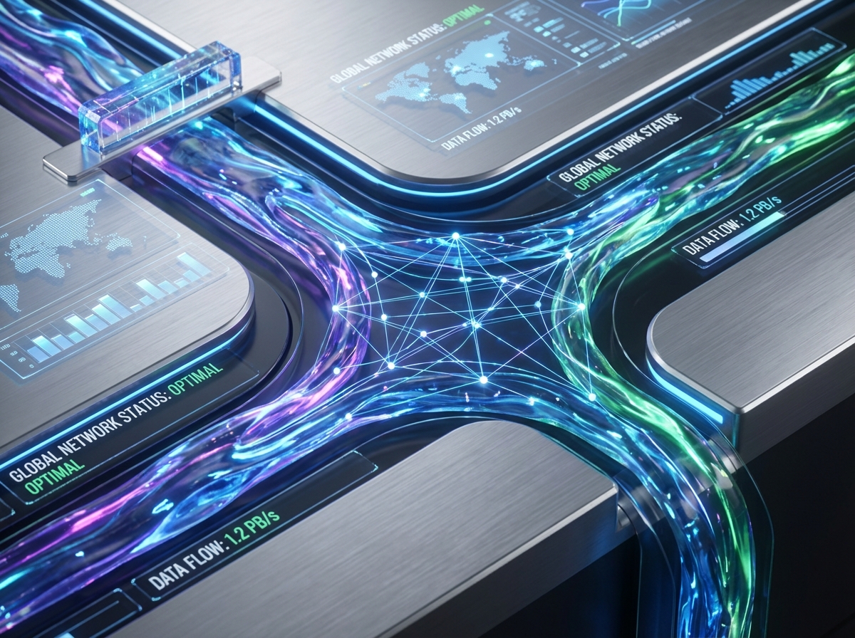 Close-up of a high-tech dashboard displaying smooth data flows and abstract network connections, vibrant colors, premium corporate style, 4:3