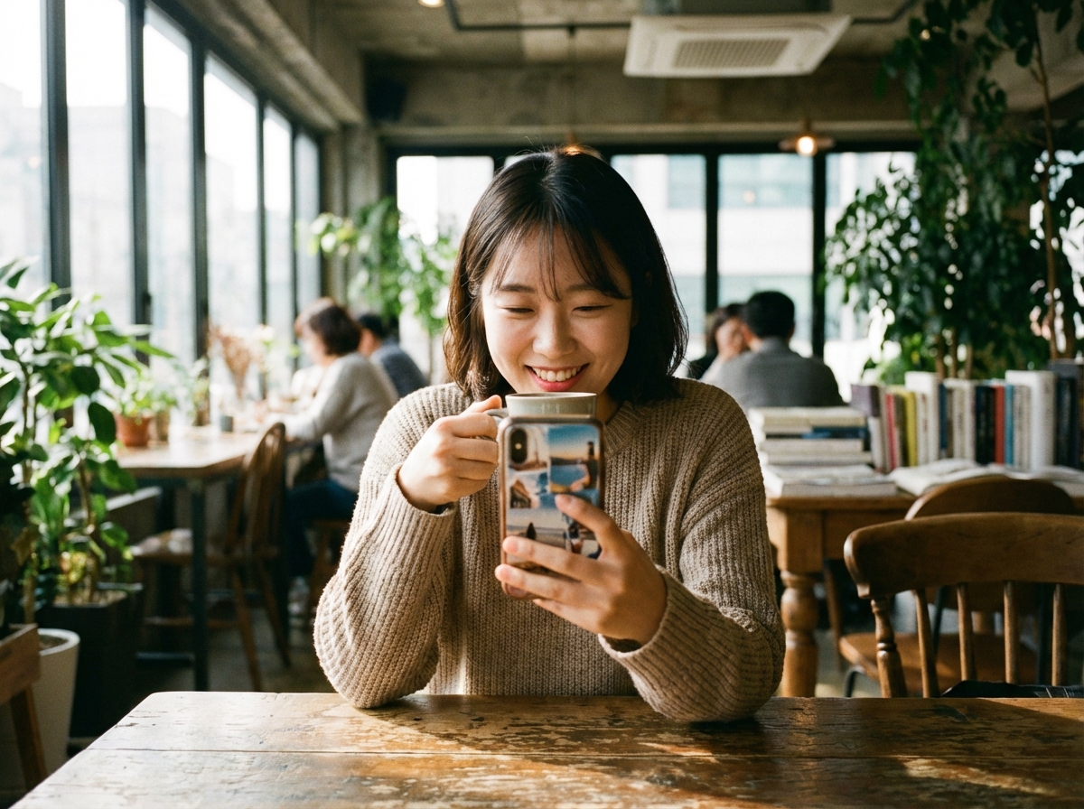A young Korean woman smiling while watching high-quality creative videos on her smartphone in a cozy cafe, natural sunlight, lifestyle photography, 4:3