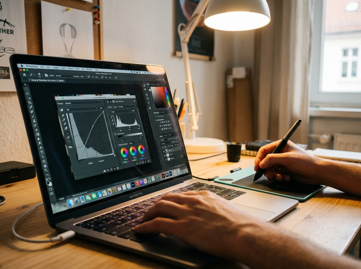 Close up of a graphic designer hands using a professional photo editing software on a laptop. Visible image adjustment tools on the screen, warm indoor lighting, 4:3.