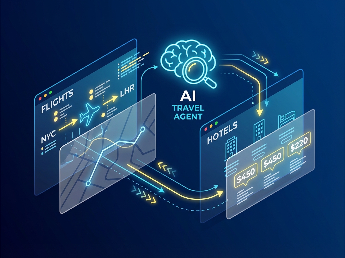 A conceptual illustration of an AI agent navigating through flight and hotel booking websites. Transparent digital layers showing map routes and price tags. Modern infographic style, high contrast, 4:3.