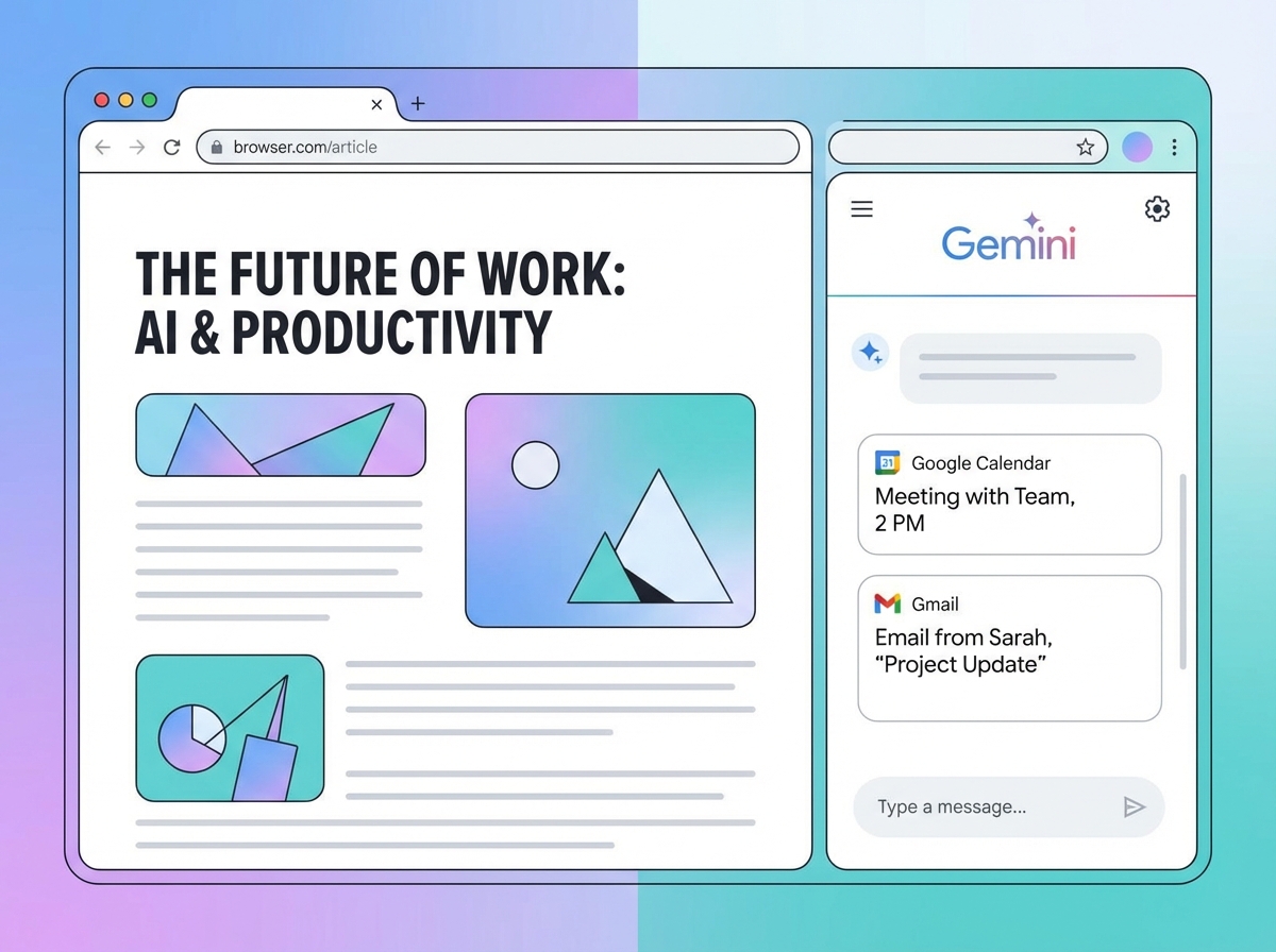 A split screen view of a browser showing a web article on the left and a Gemini side panel on the right interacting with Google Calendar and Gmail icons. Clean vector illustration, soft gradient background, 4:3.