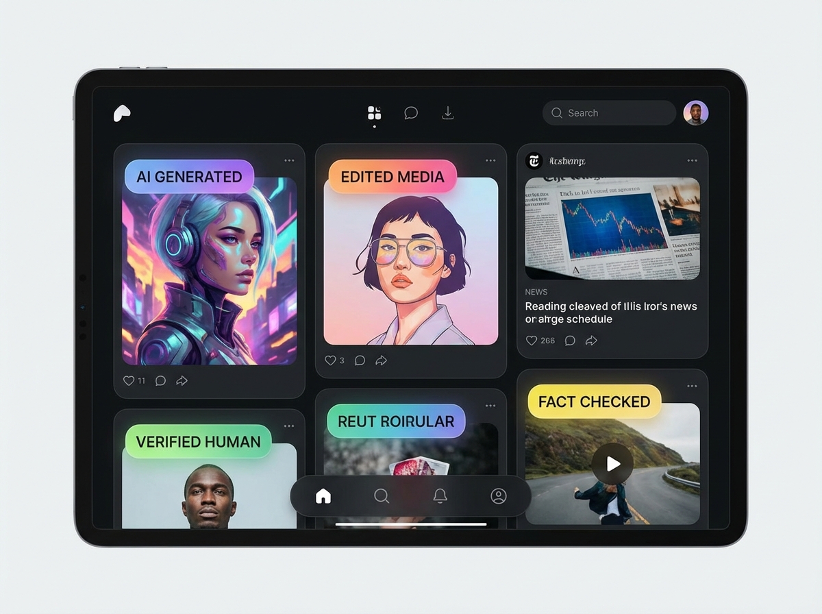 A digital interface of a social media feed showing various posts with colorful labels like AI Generated and Edited Media. Modern UI design, clean layout, 4:3.