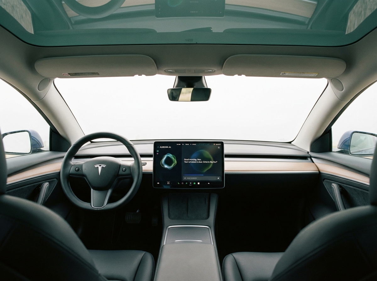 Realistic interior of a Tesla car dashboard featuring a sophisticated AI chatbot interface on the central touchscreen, minimalist interior design, soft natural lighting through the glass roof, 4:3