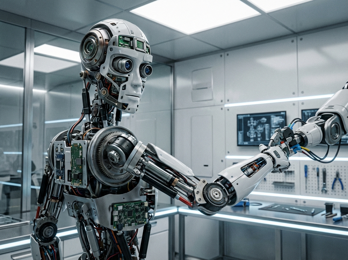 Detailed close up of a humanoid robot being assembled in a high tech factory, mechanical joints and sensors visible, clean laboratory aesthetic, soft industrial lighting, 4:3