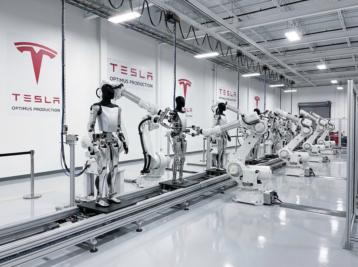 High-tech Tesla automated factory interior with several Optimus humanoid robots being assembled by precision robotic arms. Clean white and silver aesthetic with Tesla branding on the walls. 4:3