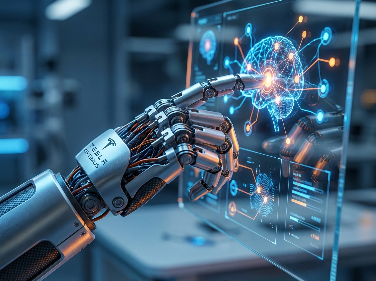 A detailed close-up of a Tesla Optimus robot's hand interacting with a digital interface showing neural network patterns. Blue and orange ambient lighting. 4:3