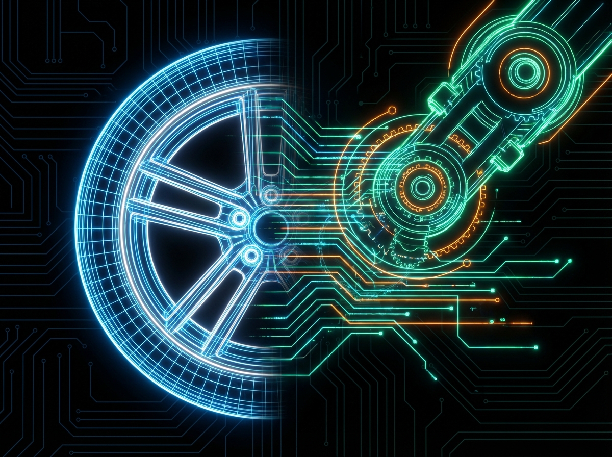 An abstract conceptual image representing the transition from a car wheel to a robotic joint. High contrast digital art with glowing neon lines indicating data flow. 4:3