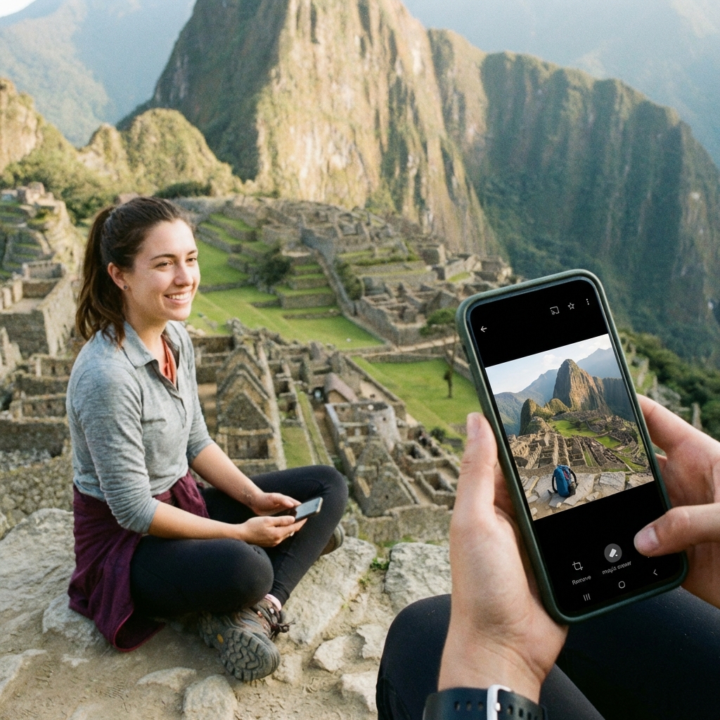 여행 사진에서 불필요한 사물을 지우는 사용자