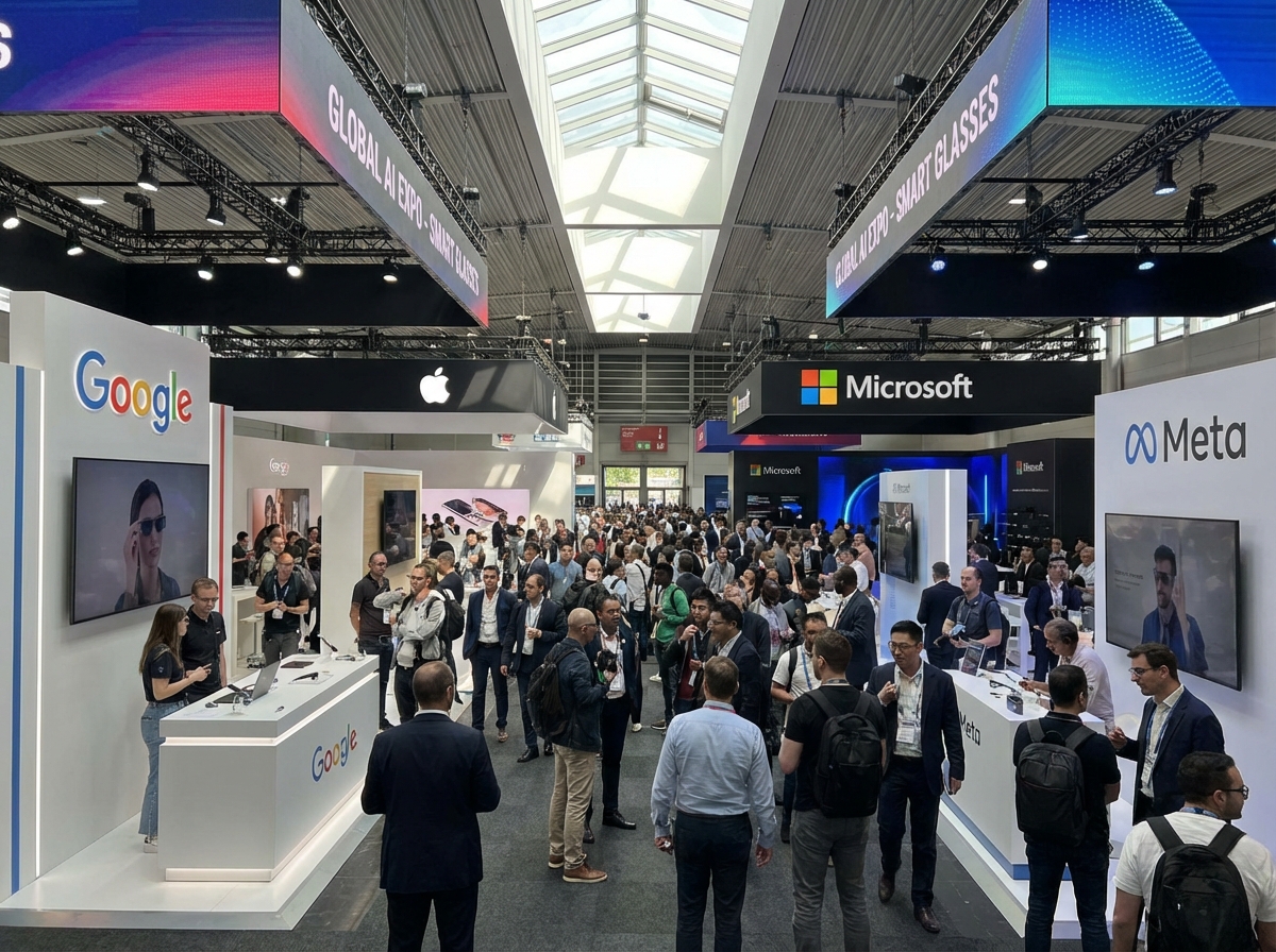 A wide shot of a high-tech technology exhibition featuring booths from major tech companies showcasing AI smart glasses. Sleek booths, diverse international crowds, bright and professional atmosphere, 4:3