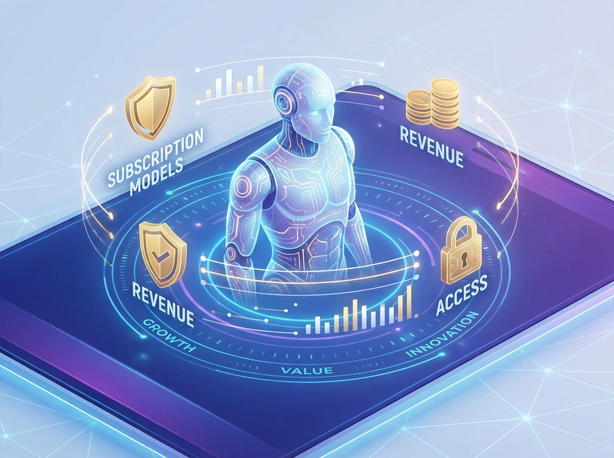 Digital concept art representing subscription models and revenue, floating gold icons and digital interface elements around a stylized AI robot, clean and professional design, 4:3