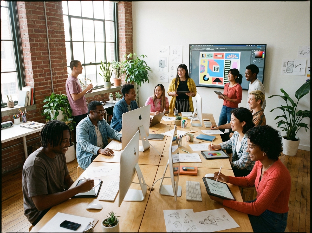 A group of diverse young creators collaborating in a bright, modern studio. Some are using iMacs, others are holding iPads. They are discussing a project displayed on a large wall monitor. Collaborative and energetic atmosphere. 4:3