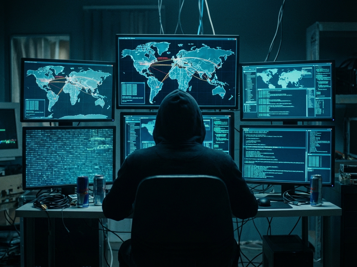 A cinematic shot of a person in a hoodie sitting in front of glowing monitors in a dark room. The screens show digital maps and binary code representing cyber attacks. The lighting is cold blue and cyan. 4:3