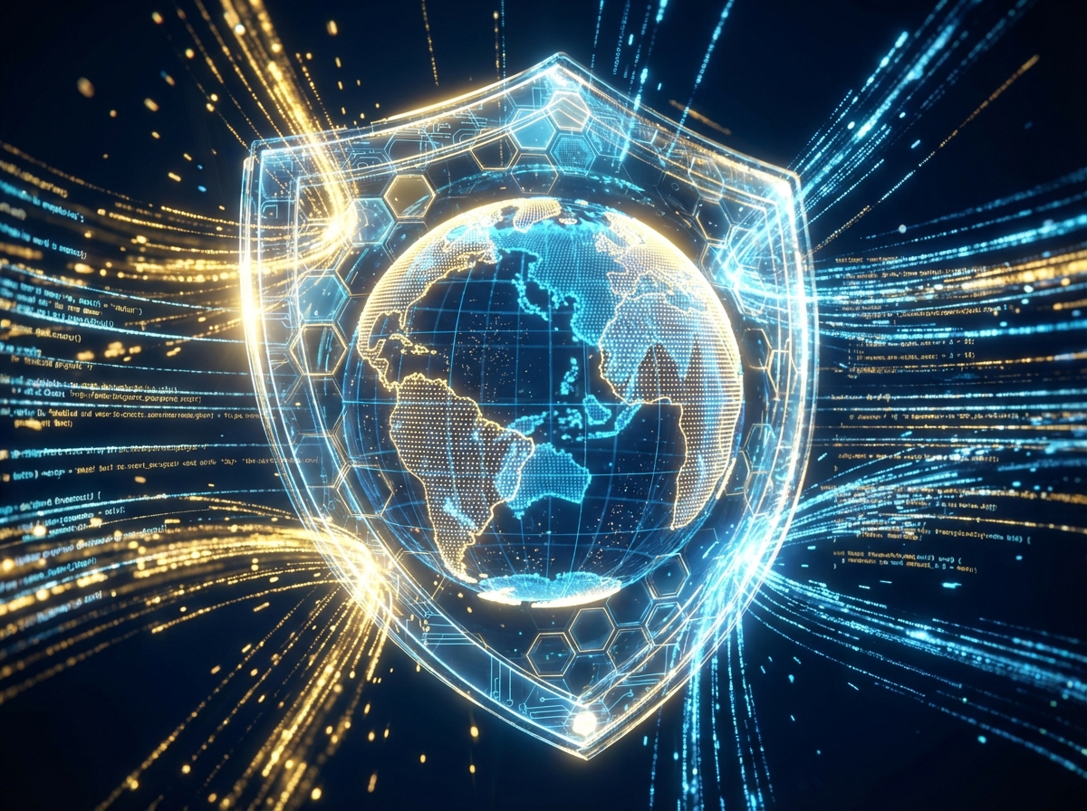A conceptual 3D illustration of a digital shield protecting a glowing globe. Lines of data flow around the shield. Bright gold and blue colors with high contrast. Professional and safe feeling. 4:3