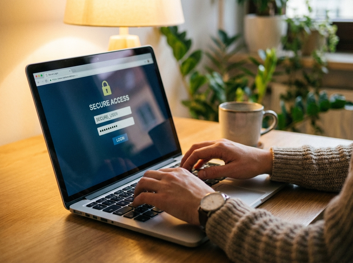 A lifestyle close-up shot of a person's hands typing on a laptop keyboard. On the screen, a secure login interface is visible. Soft warm indoor lighting, natural setting. 4:3