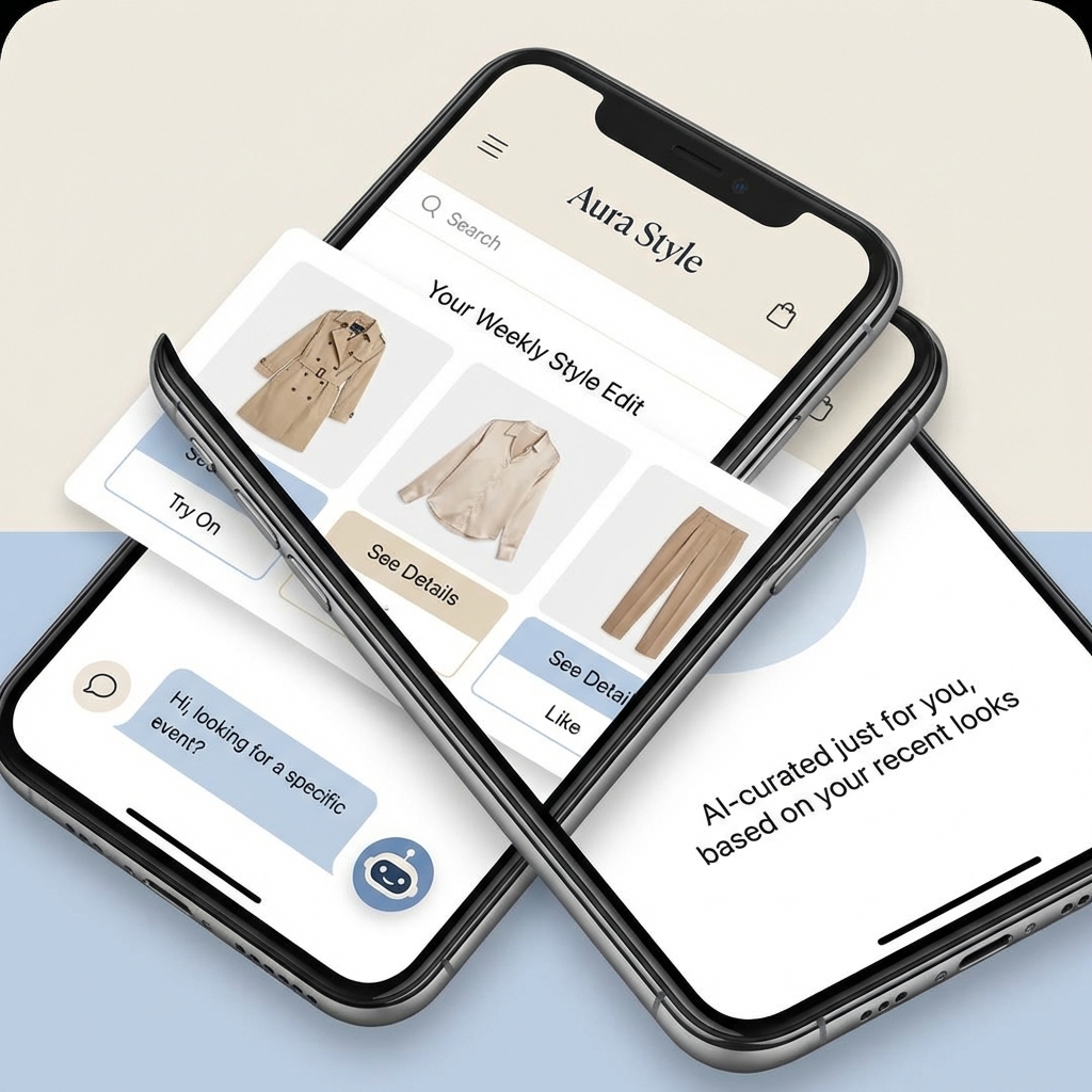 A modern smartphone screen displaying a sophisticated AI shopping assistant interface, offering personalized fashion recommendations with interactive buttons, clean design, 1:1