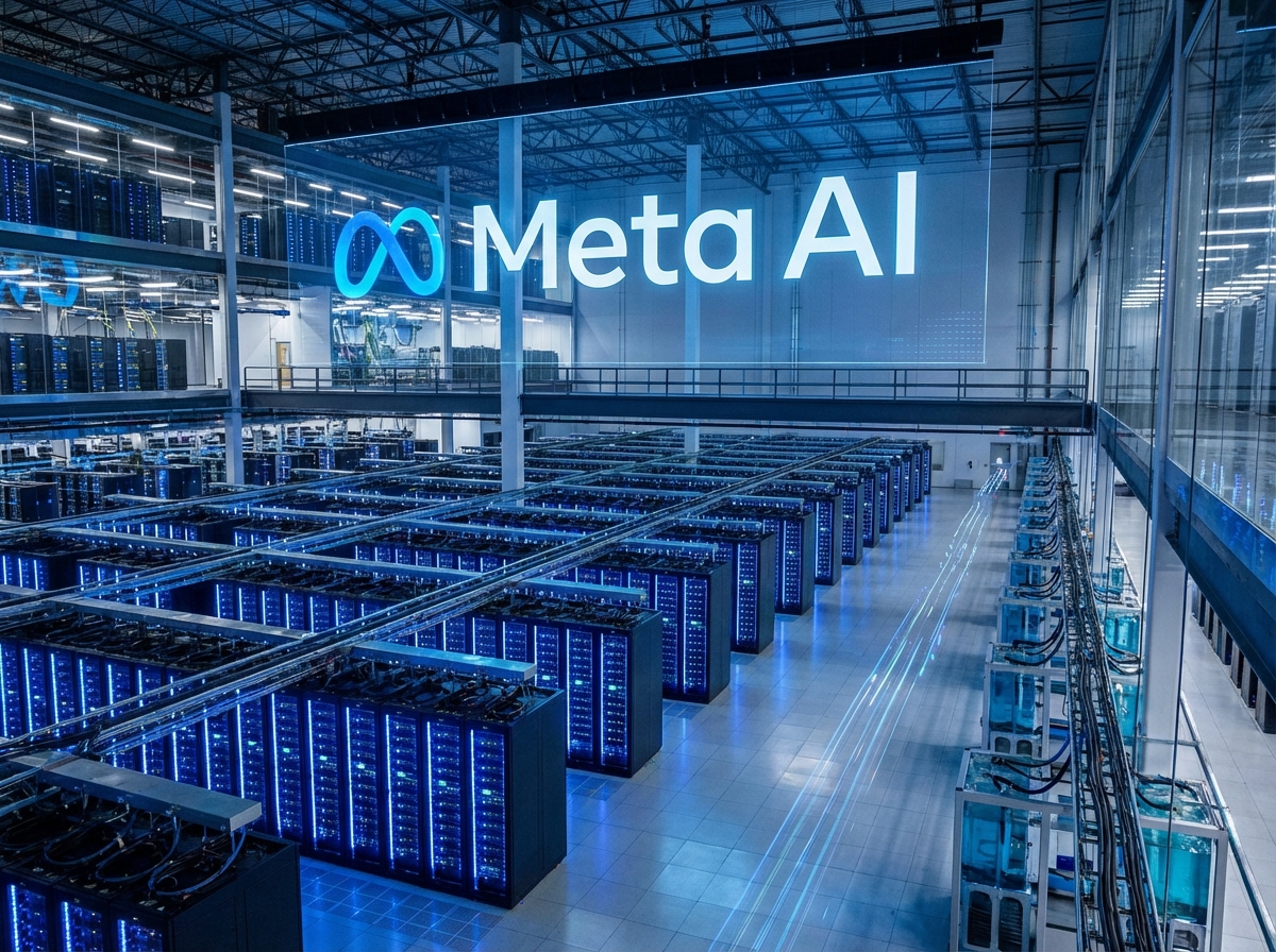 A futuristic large-scale data center with endless rows of glowing blue server racks, representing Meta's massive AI infrastructure investment, high-tech atmosphere, 4:3