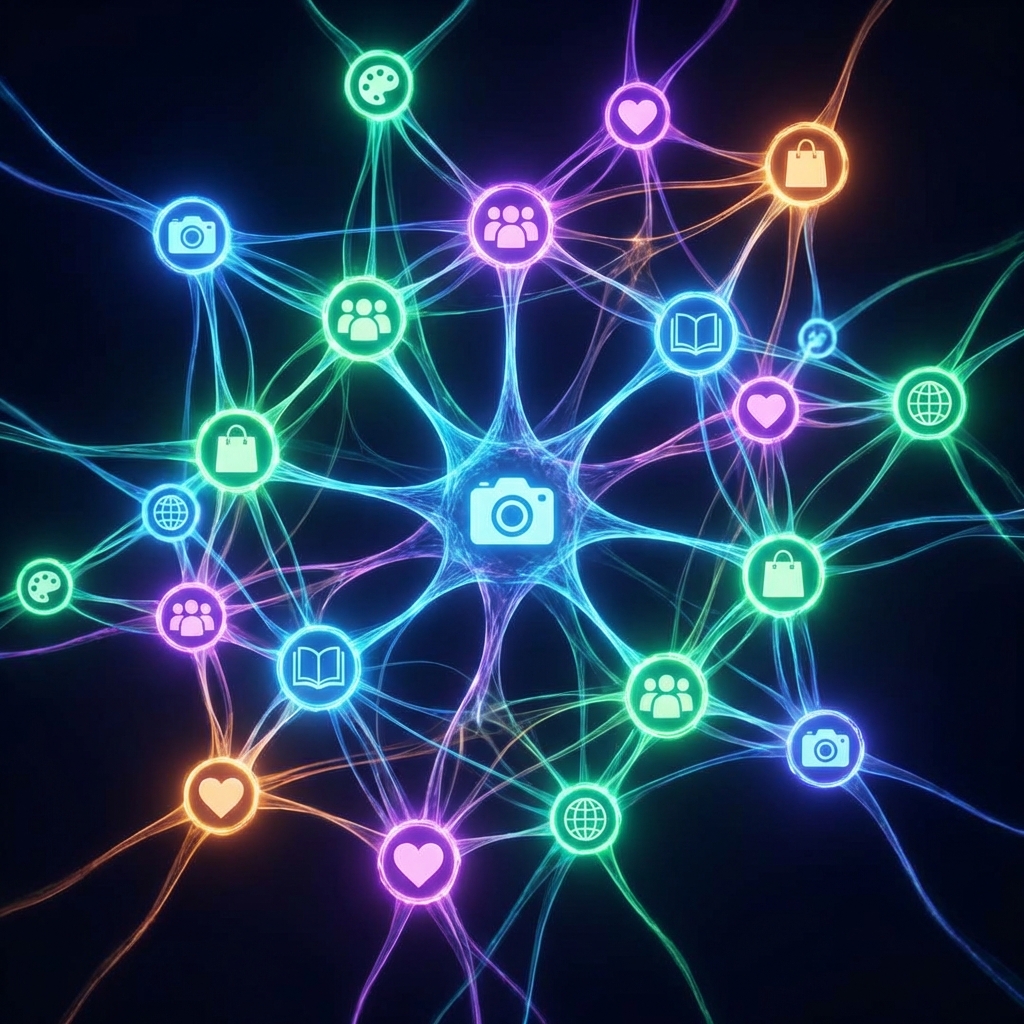 An abstract digital visualization of a neural network connecting personal icons like hobbies, social relationships, and products, bright glowing nodes, dark background, 1:1