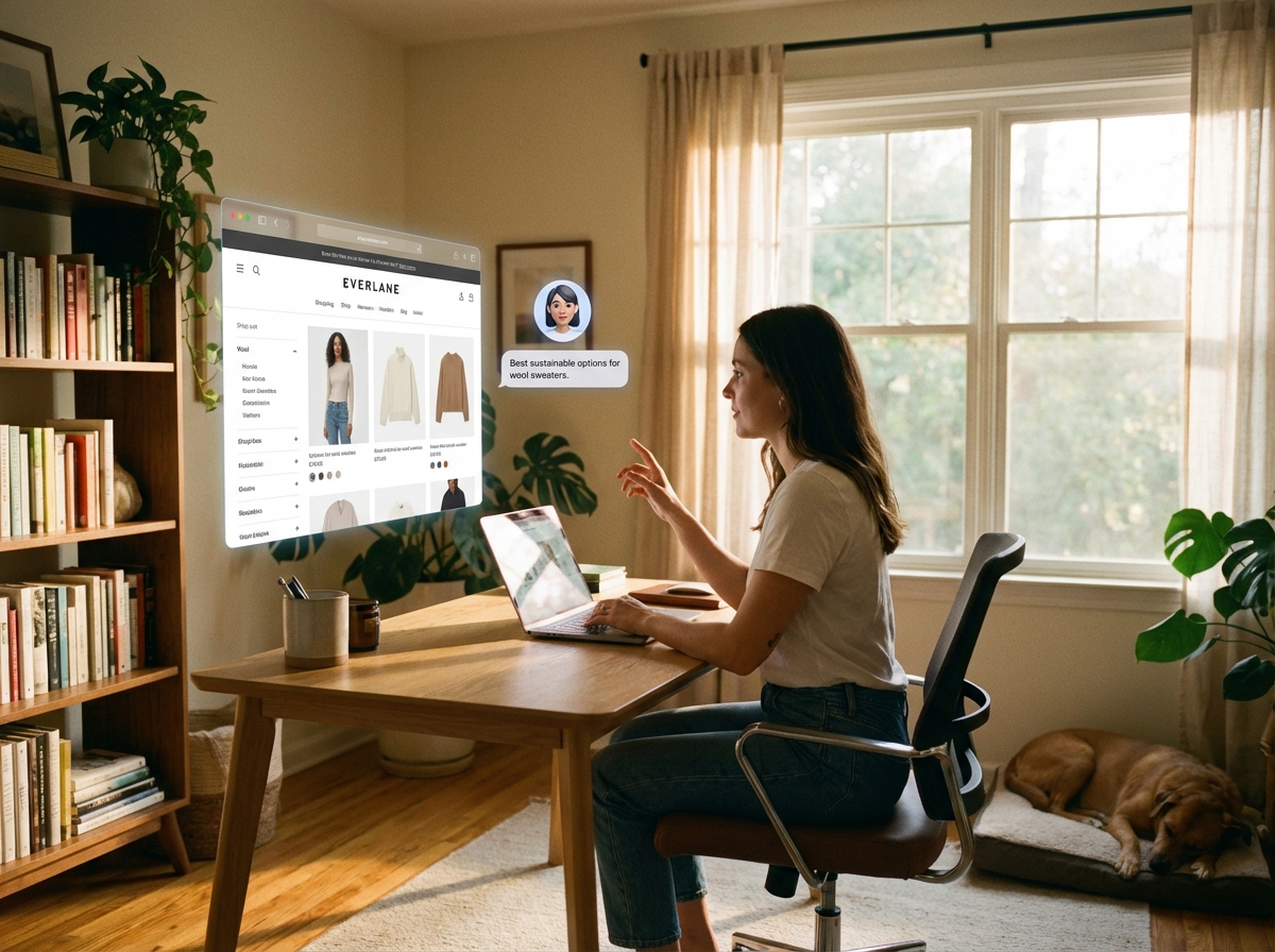 A realistic shot of a comfortable contemporary home office, a digital AI assistant interface floating in the air assisting a person with online shopping, soft warm sunlight, 4:3