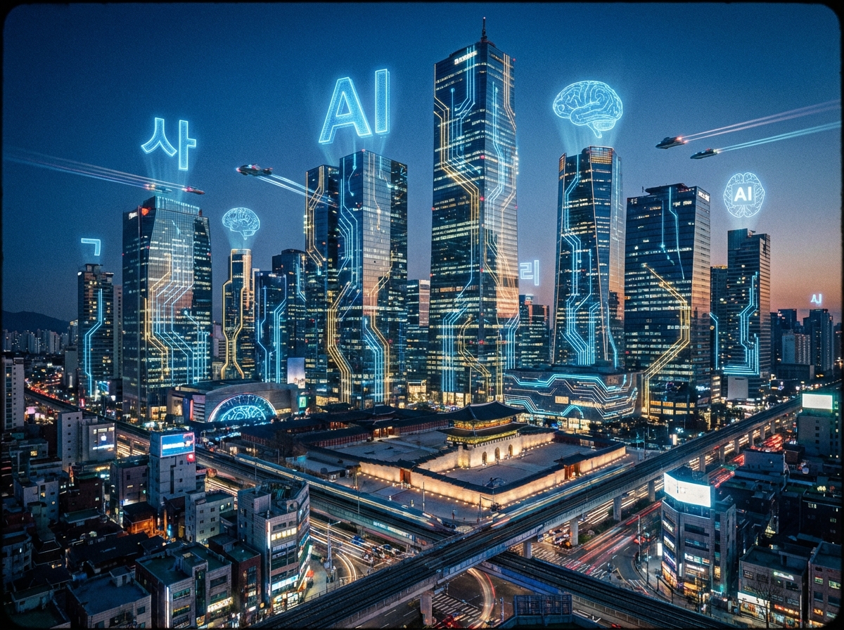 A futuristic high-tech city in South Korea with holographic AI symbols floating above modern architecture, glowing blue and gold circuits integrated into the skyline, cinematic lighting, wide shot, 4:3