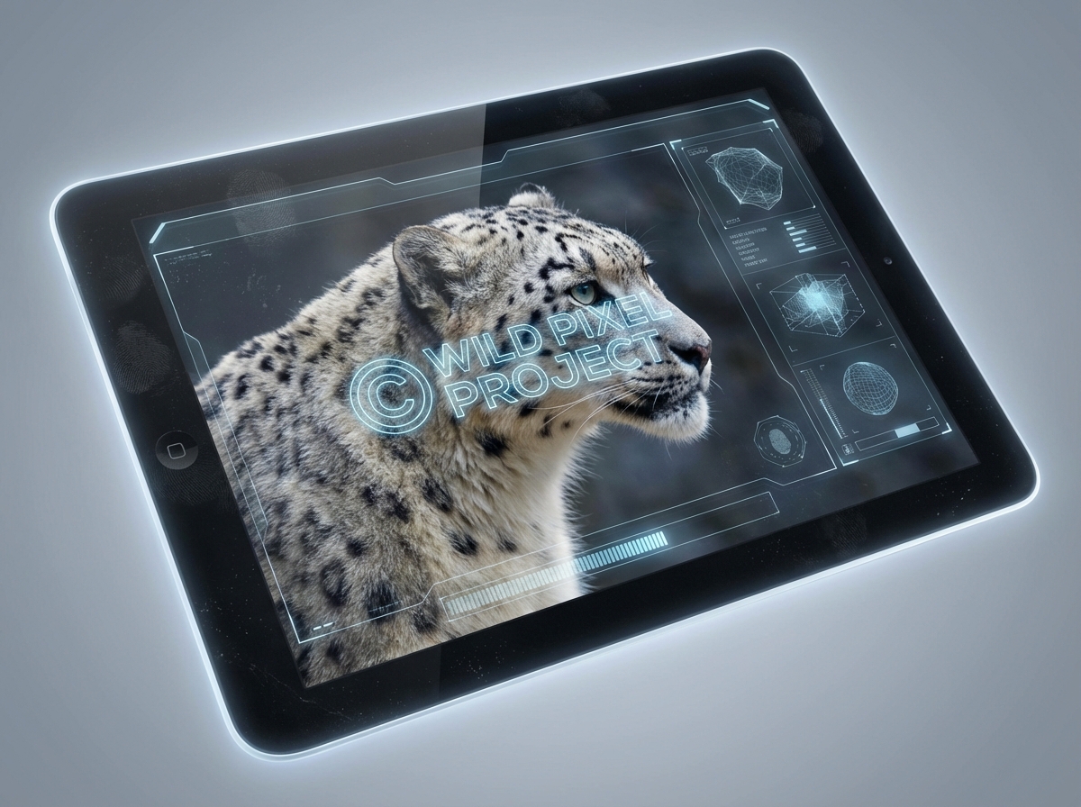 Close-up of a digital tablet screen showing a realistic image being tagged with a subtle glowing digital watermark, high-tech interface, soft glowing edges, professional lighting, 4:3