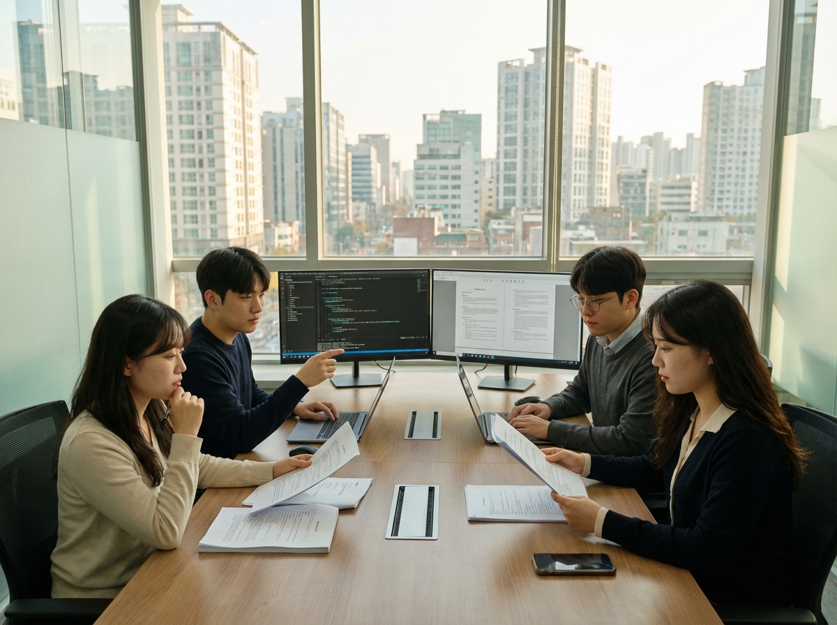 A group of young Korean tech developers in a modern glass office looking at screens with complex code and legal documents, thoughtful expressions, soft natural sunlight, cinematic atmosphere, 4:3