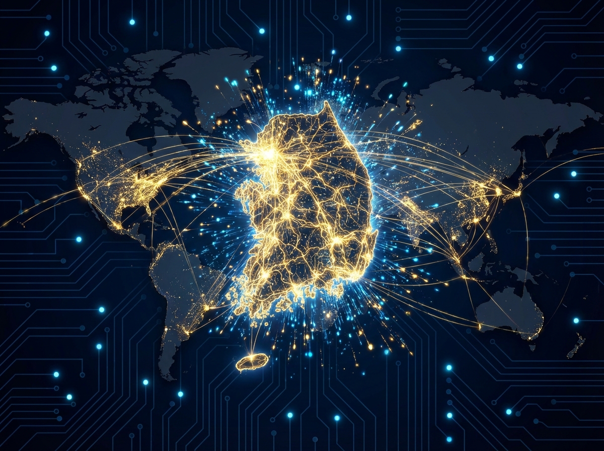 A stylized map of South Korea glowing with golden neural networks connecting to the rest of the world, high-tech aesthetic, dark blue background, vibrant sparks of data, 4:3