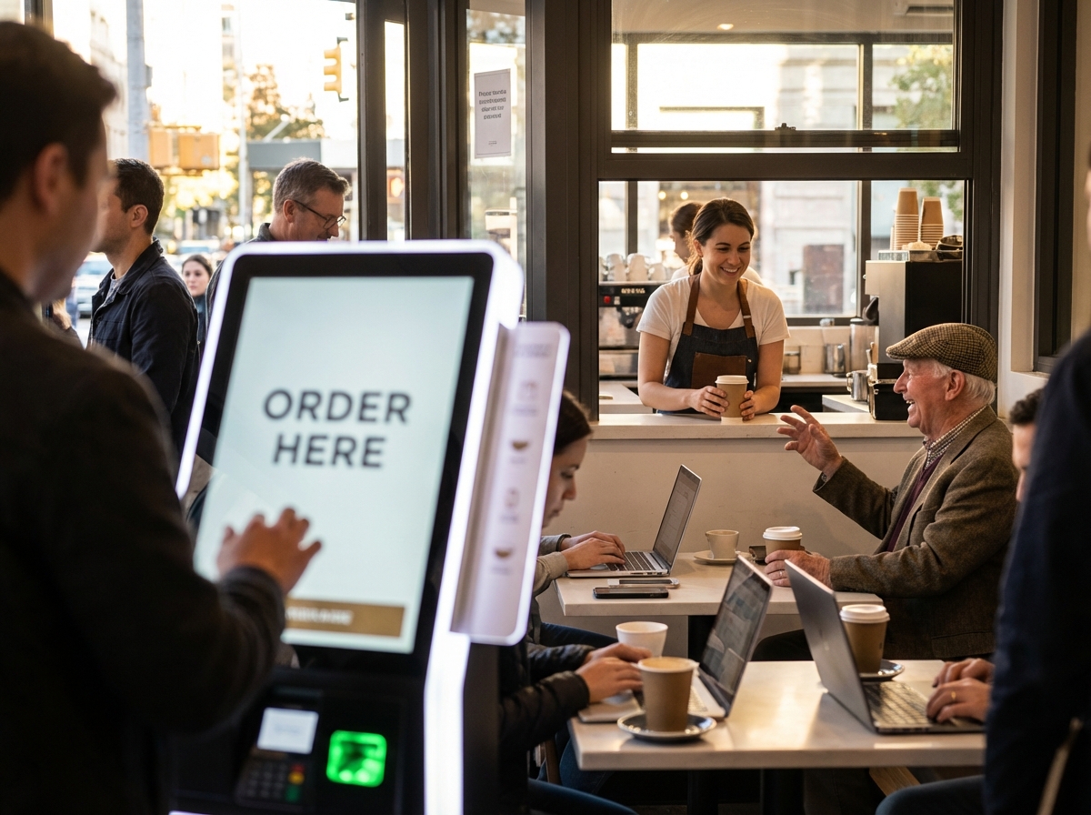 A busy modern cafe with a digital kiosk in the foreground and a warm interaction between a barista and an elderly customer in the background, contrasting technology and human connection, realistic lighting, AI artificial intelligence lifestyle. 4:3