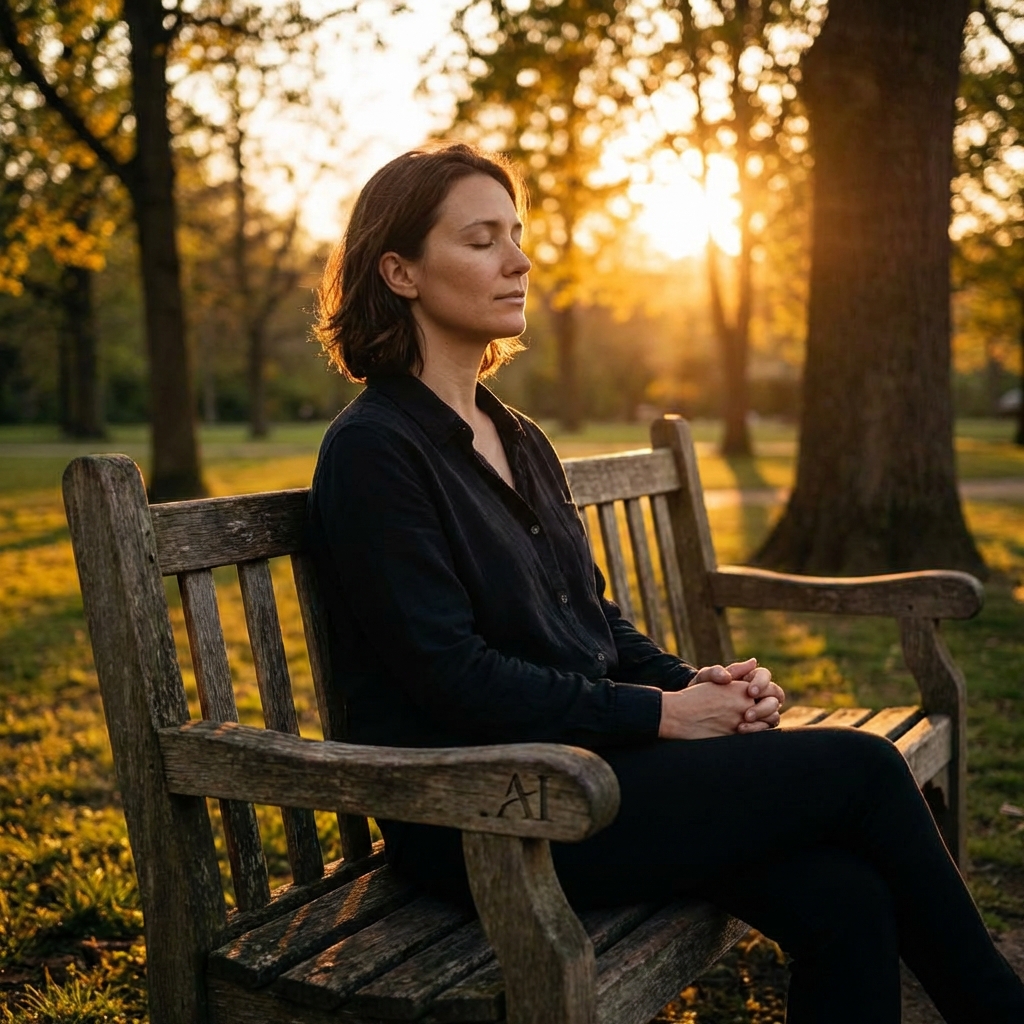 A person sitting on a wooden bench in a park, eyes closed, reflecting deeply without any digital devices, warm sunset light, peaceful atmosphere, focusing on solitude and thought, AI artificial intelligence theme. 1:1