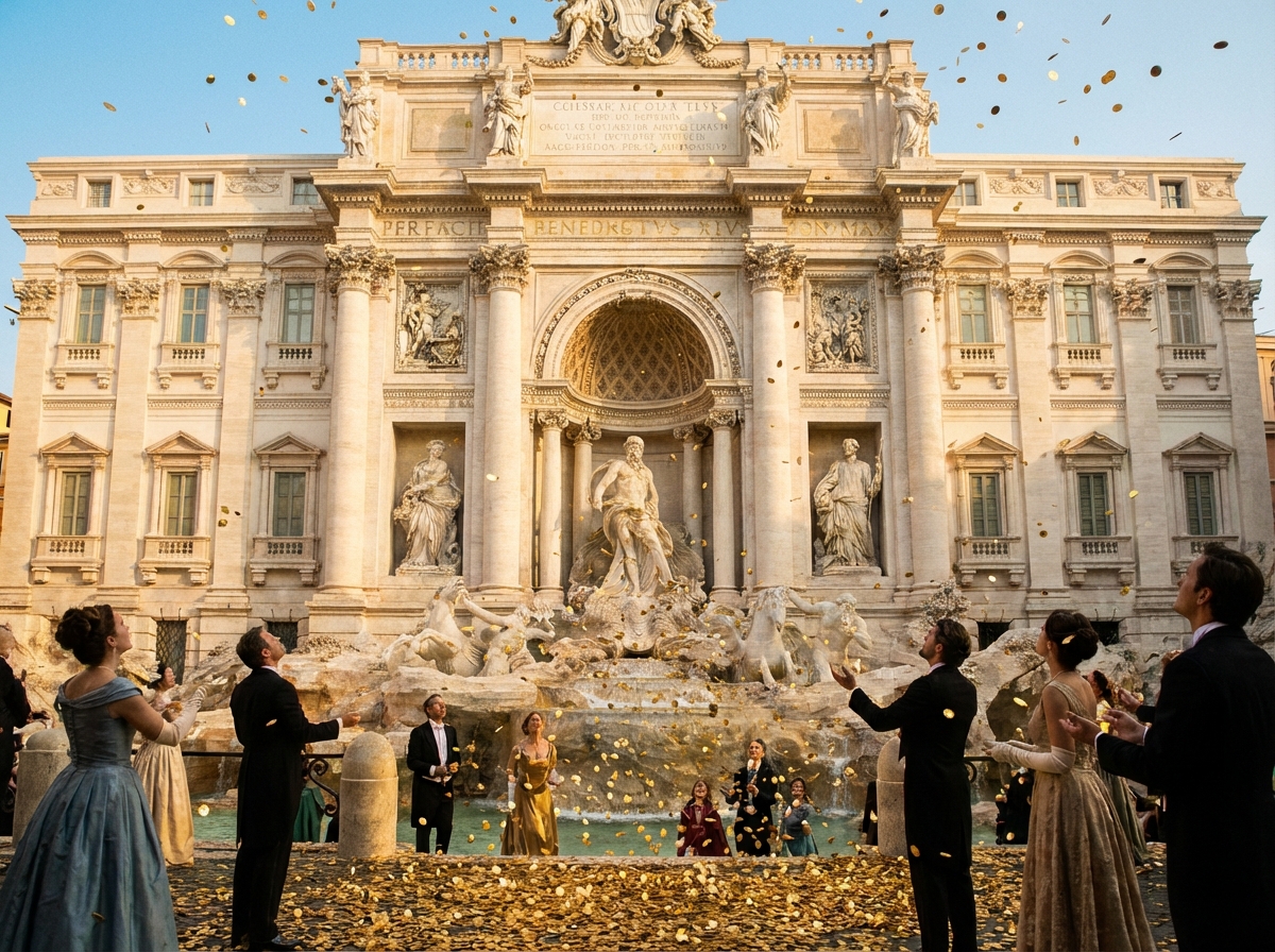 A cinematic view of a grand white classical building facade with thousands of gold coins falling like rain, luxurious atmosphere, 4:3
