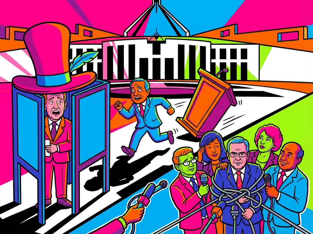 A stylized digital illustration of diverse politicians in comical situations, high contrast, saturated colors, 4:3