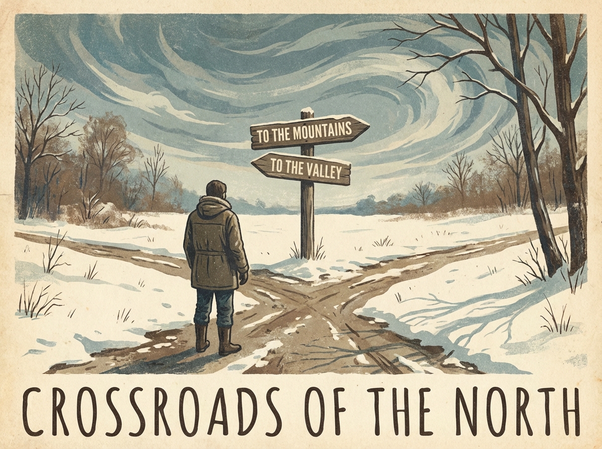 An artistic vintage poster showing a man standing at a dramatic crossroads in a snowy field, textured paper background, 4:3