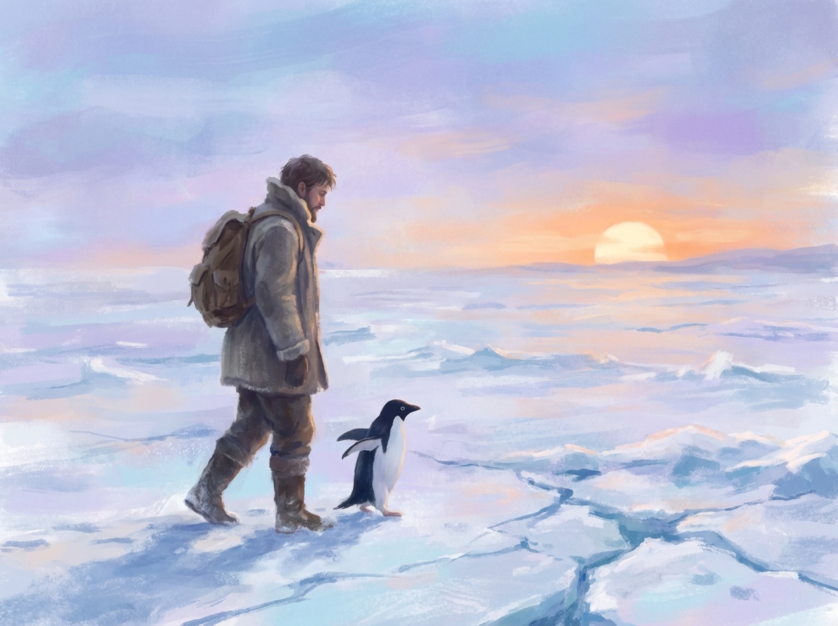 A digital painting of a man and a lonely penguin walking together across a vast frozen tundra towards the horizon, dreamy atmosphere, 4:3