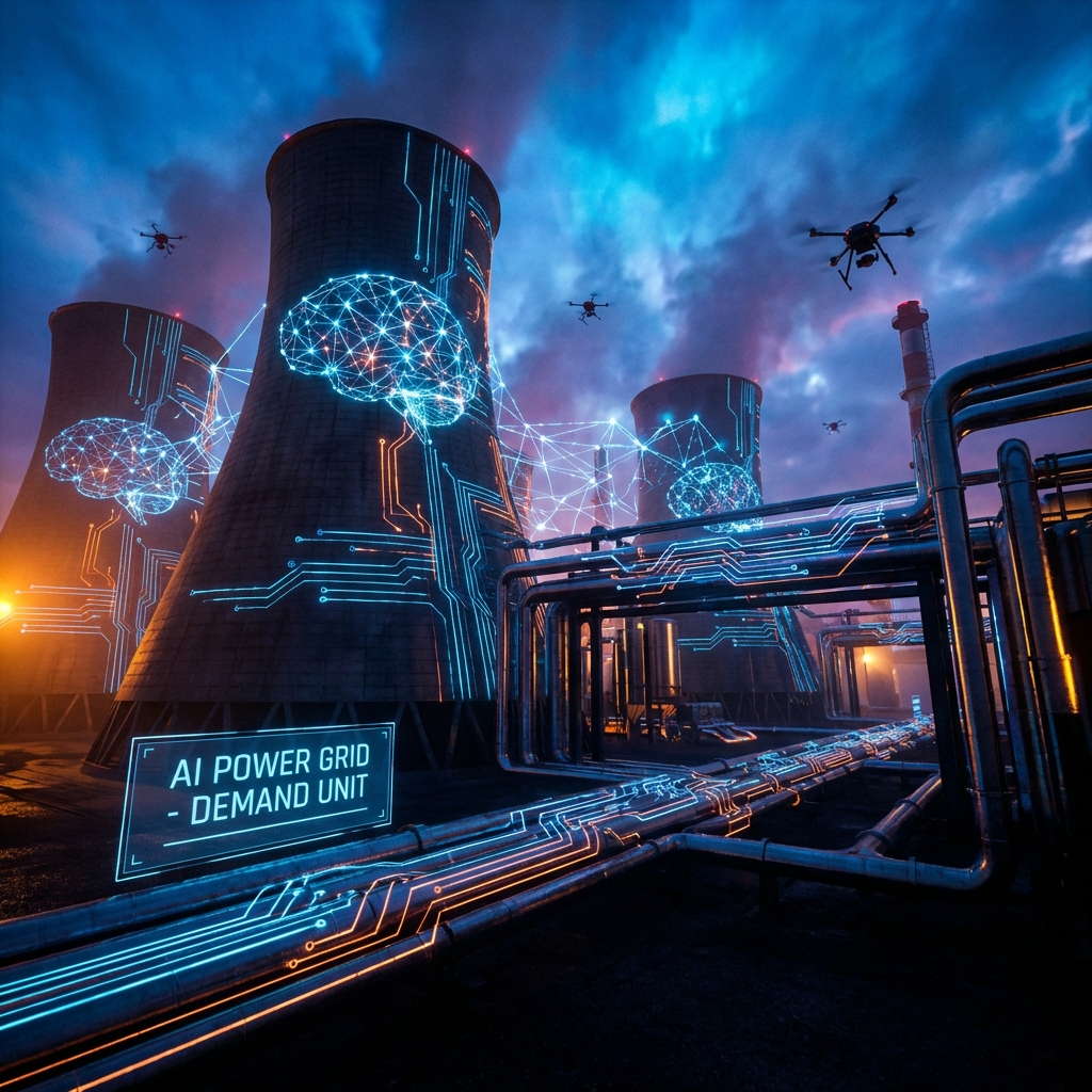 A high-tech gas power plant integrated with digital circuits and glowing neural network patterns symbolizing AI demand, futuristic industrial landscape, high contrast, 1:1