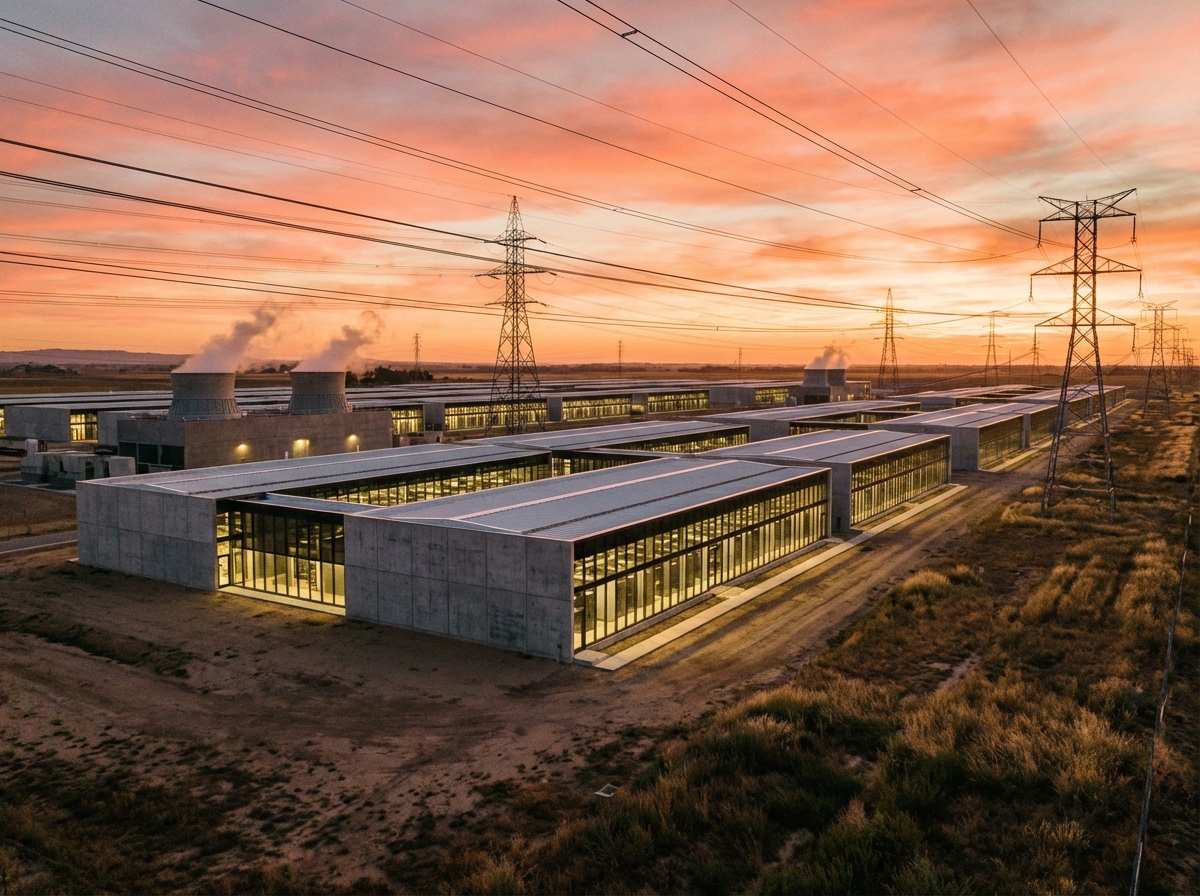 A massive modern data center campus with long rows of server buildings and high-voltage power lines nearby, realistic architectural photography, sunset lighting, 4:3