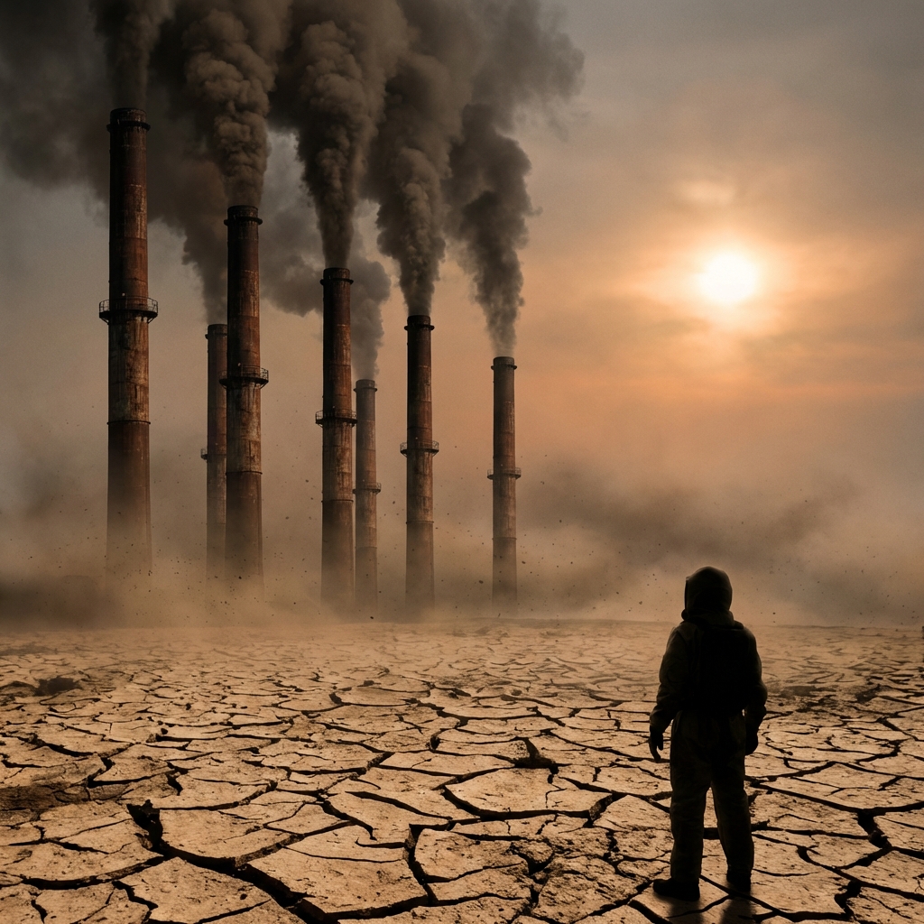 Industrial smoke stacks releasing emissions against a backdrop of a cracked dry earth and a hazy sun, conceptual representation of climate impact, moody atmosphere, 1:1