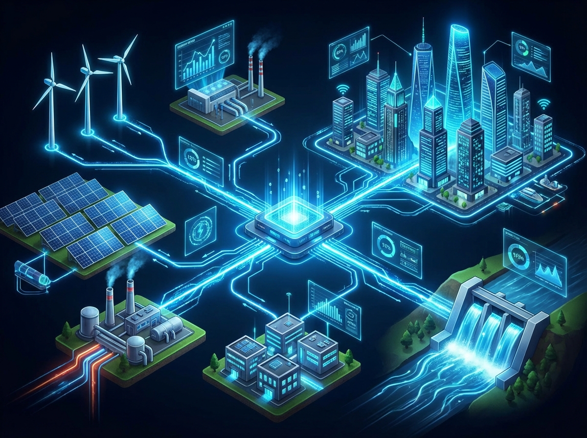 A conceptual illustration of a smart grid connecting various clean energy sources to a digital city, glowing blue energy lines, detailed composition, high contrast, 4:3