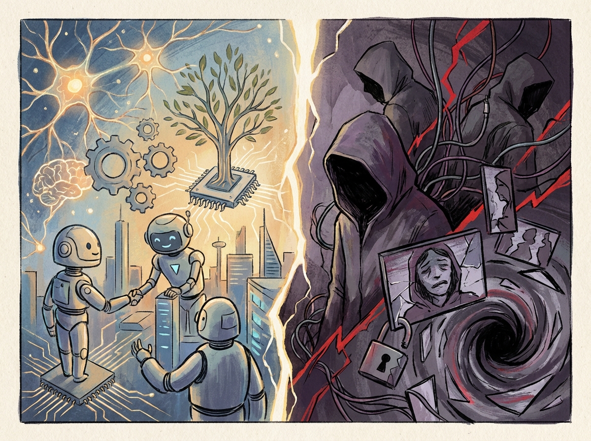 A creative illustration showing a split screen with a bright side of AI technology and a dark side representing digital abuse, no text, artistic style, 4:3