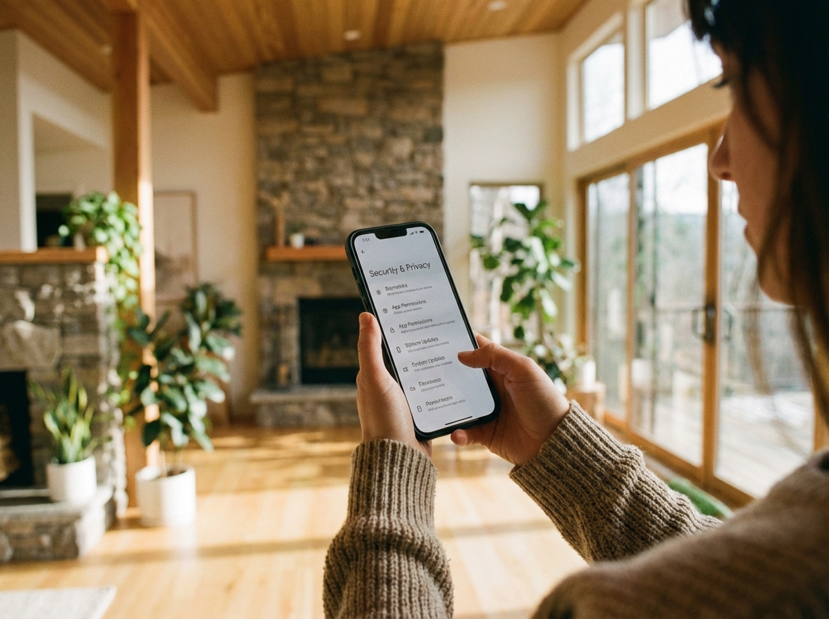 A person holding a smartphone and checking security settings in a modern lifestyle setting, soft warm lighting, realistic photography, 4:3