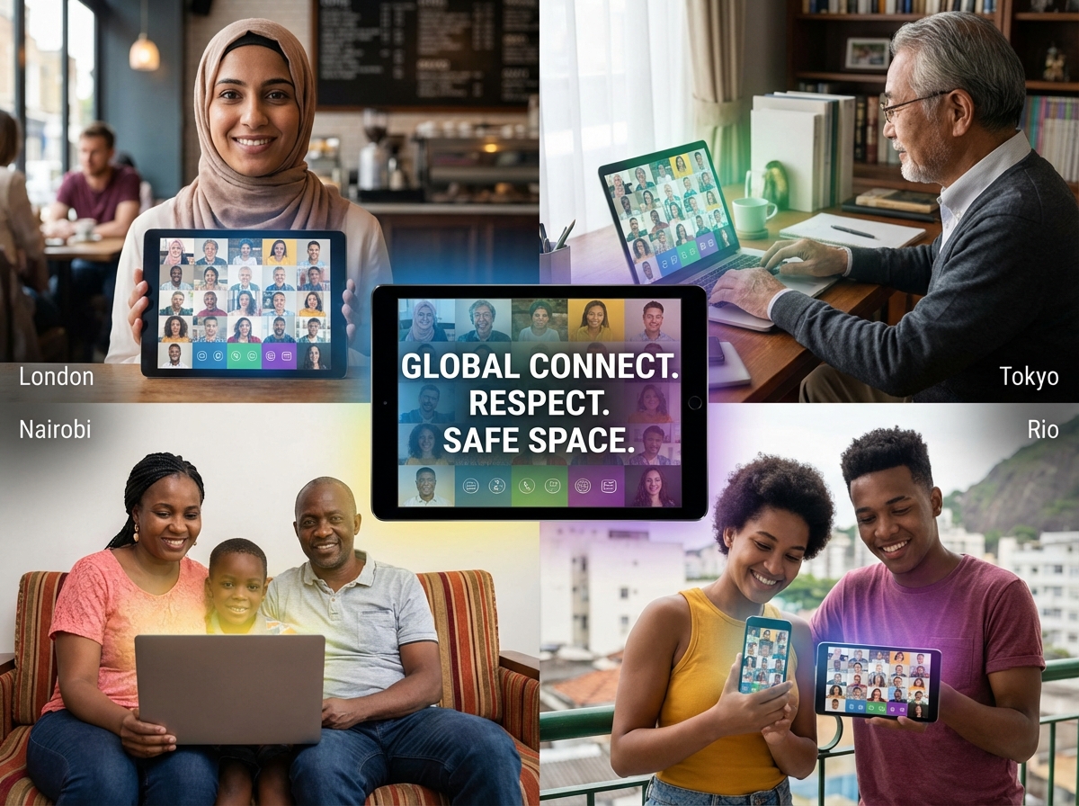 A diverse group of people connecting globally through digital screens, representing a safe and respectful internet community, vibrant colors, 4:3