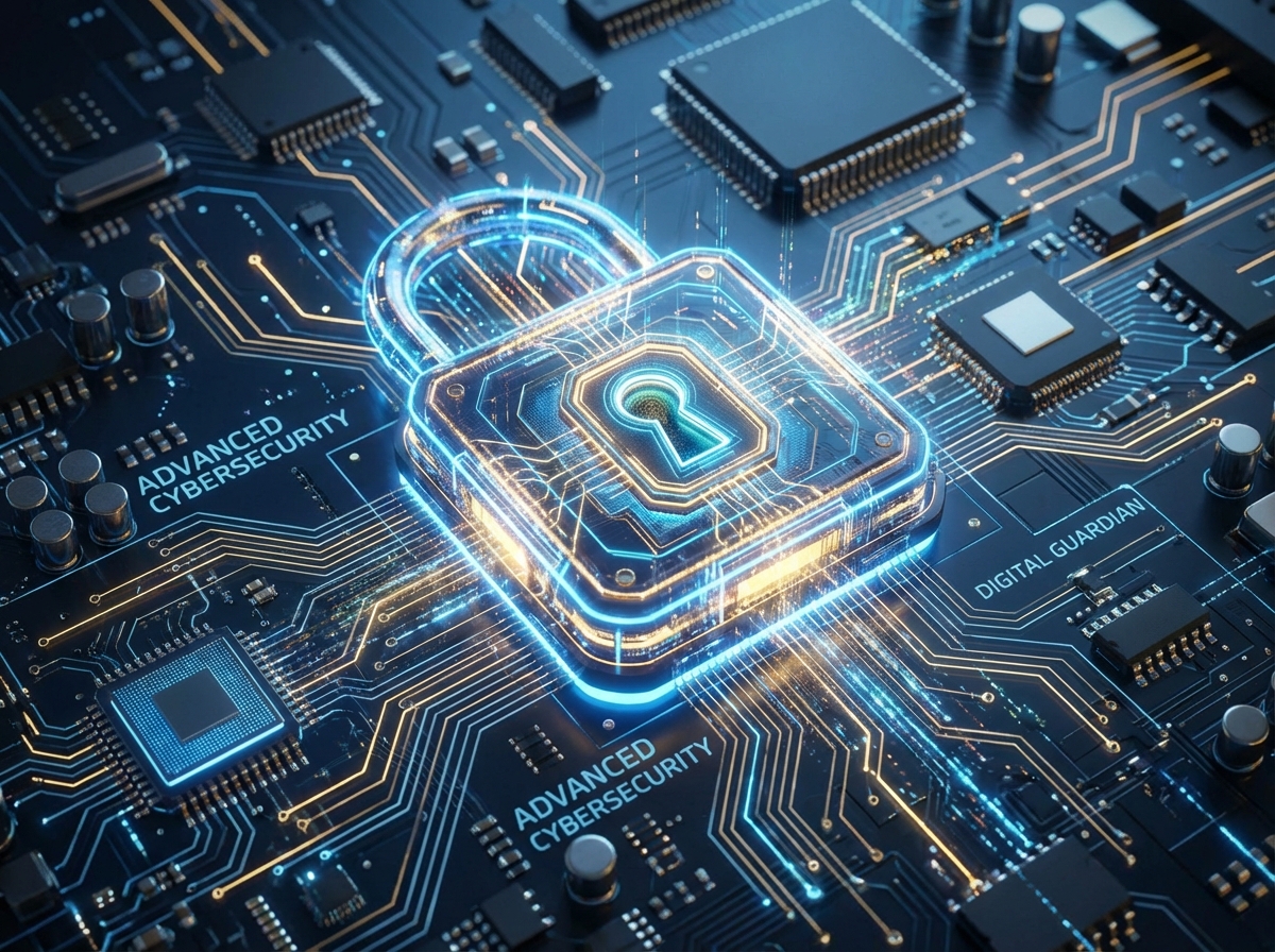 A detailed composition of a glowing padlock over a circuit board background, representing advanced cybersecurity technology, 4:3