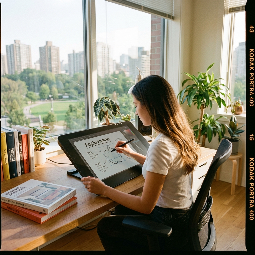 A professional graphic designer working in a bright modern studio with large windows, using a high-end tablet and stylus, Apple Halide concept sketch visible on screen, warm lighting, lifestyle photography, 1:1